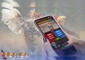 Isang kamay ng babae na naglalaro ng online sabong sa kanyang cellphone habang nagpapakita naman ng gilas sa backround ang dalawang manok na nagtatalo.